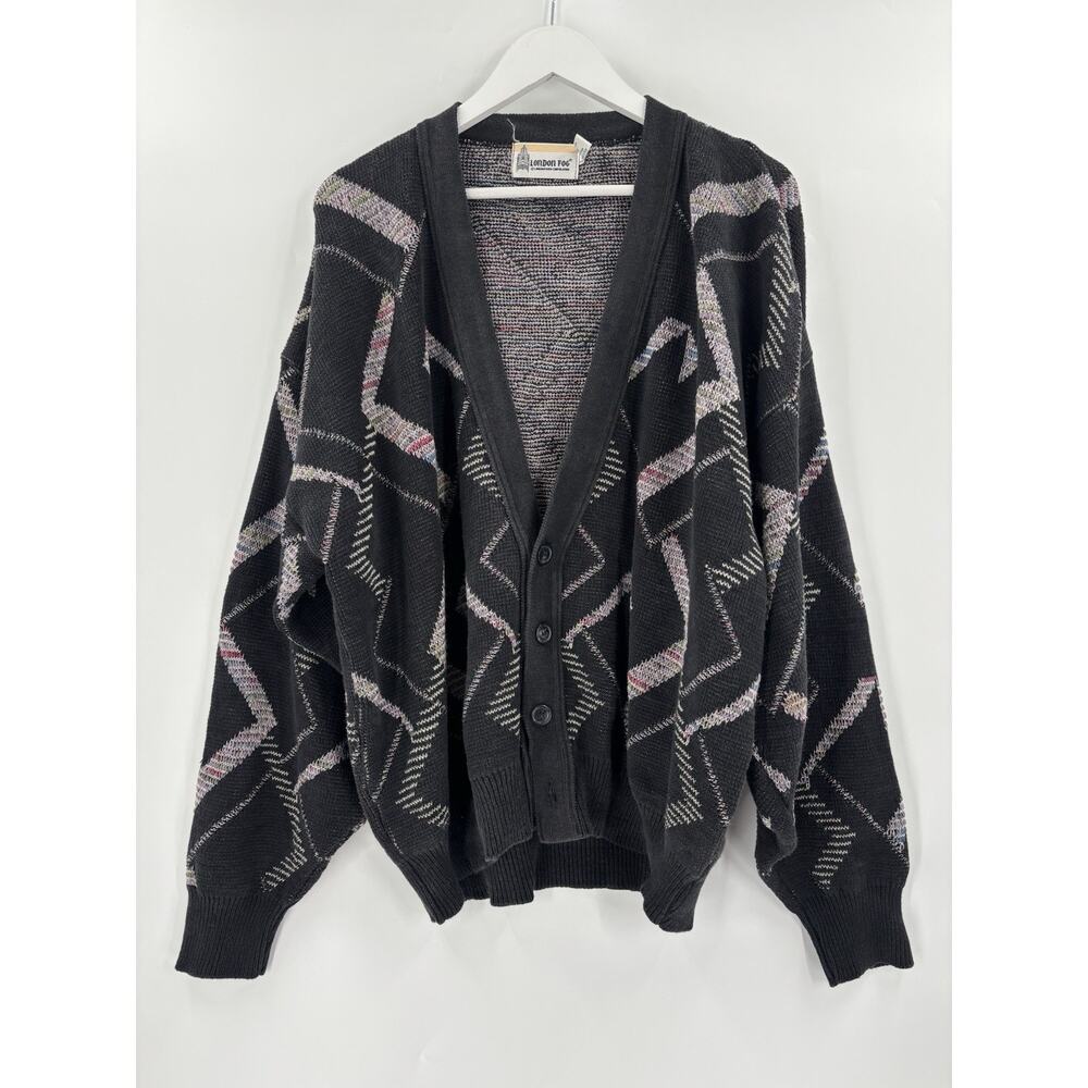 Vintage London Fog Cardigan Sweater Womens 2X Black Striped Buttons Cotton Knit